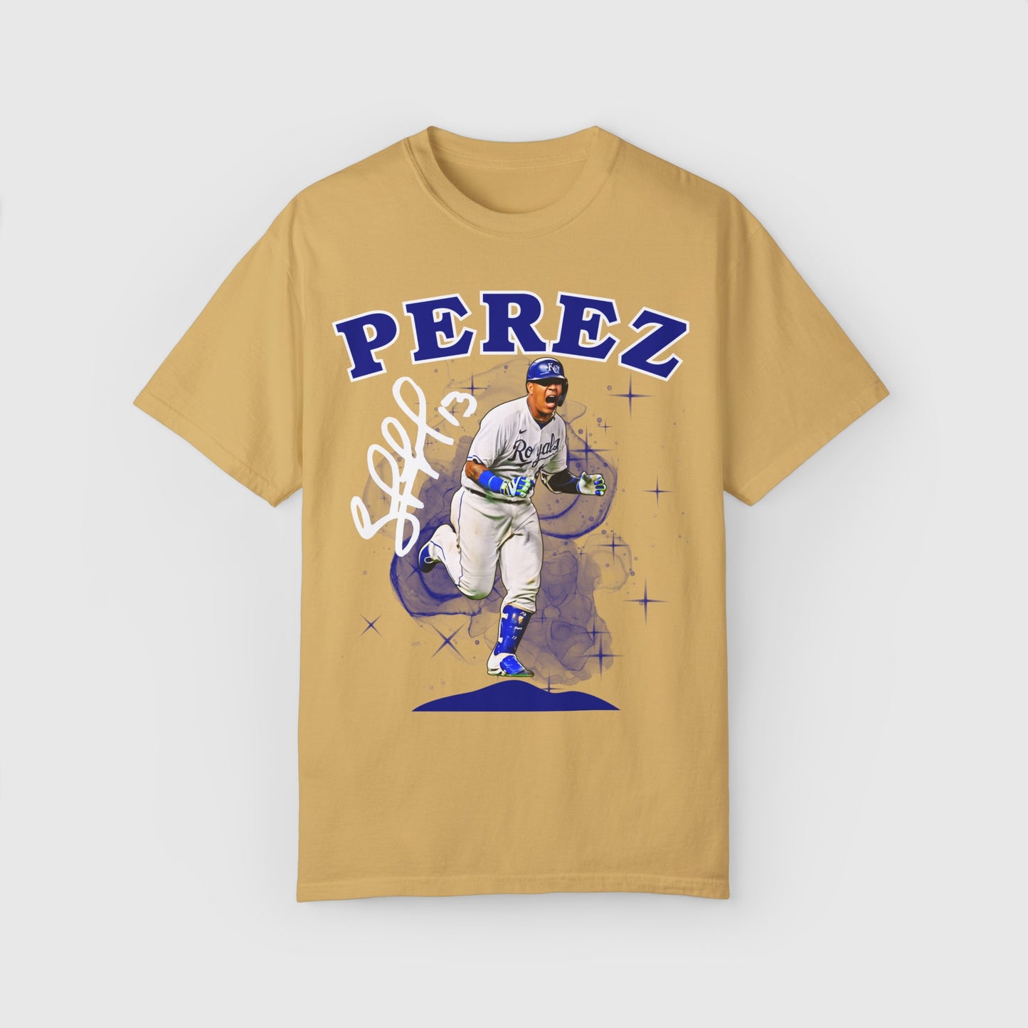 Salvador Perez Signature Tee Kansas City Royals Product Pic Front Mustard