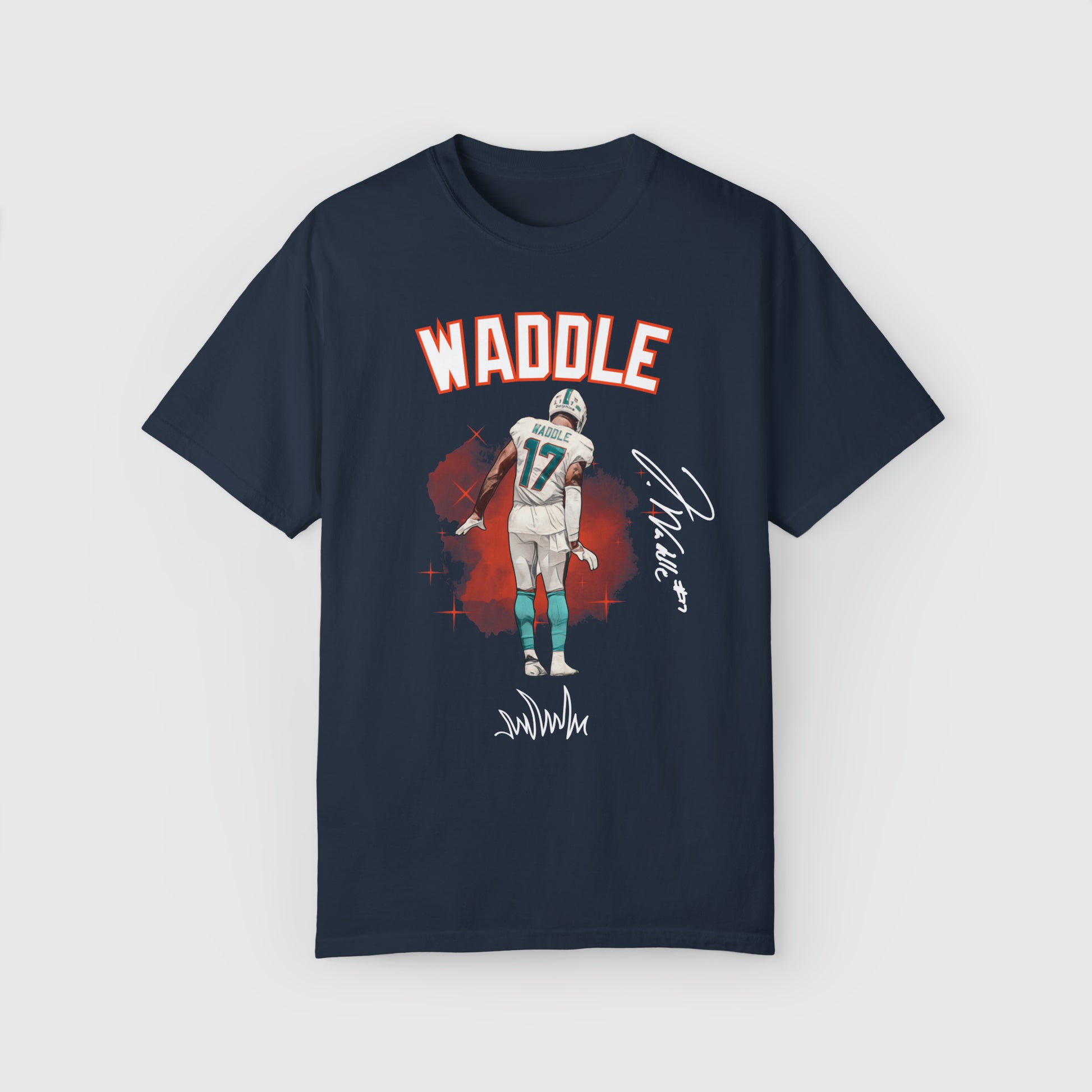 Jaylen Waddle Signature Ink Art Tee Product Pic Front Navy