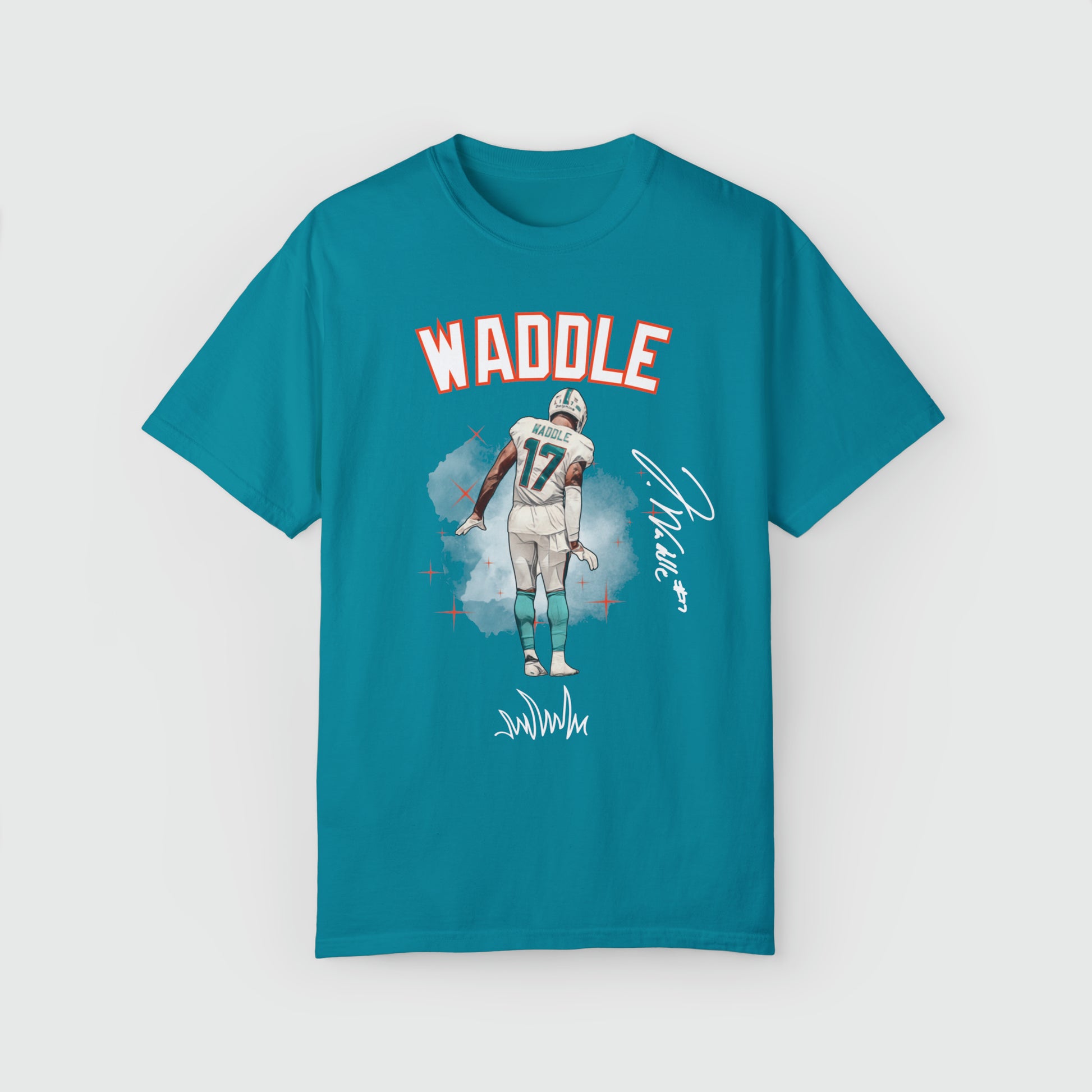 Jaylen Waddle Signature Ink Art Tee Product Pic Front Topaz Blue