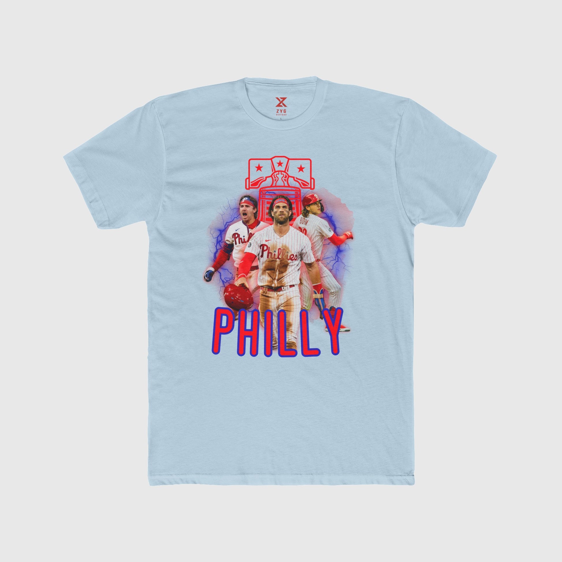 Phillies Neon Trio 2.0 Tee Product Pic Front Light Blue