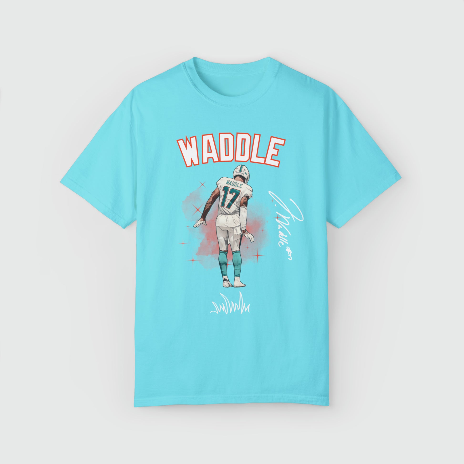 Jaylen Waddle Signature Ink Art Tee Product Pic Front Lagoon Blue