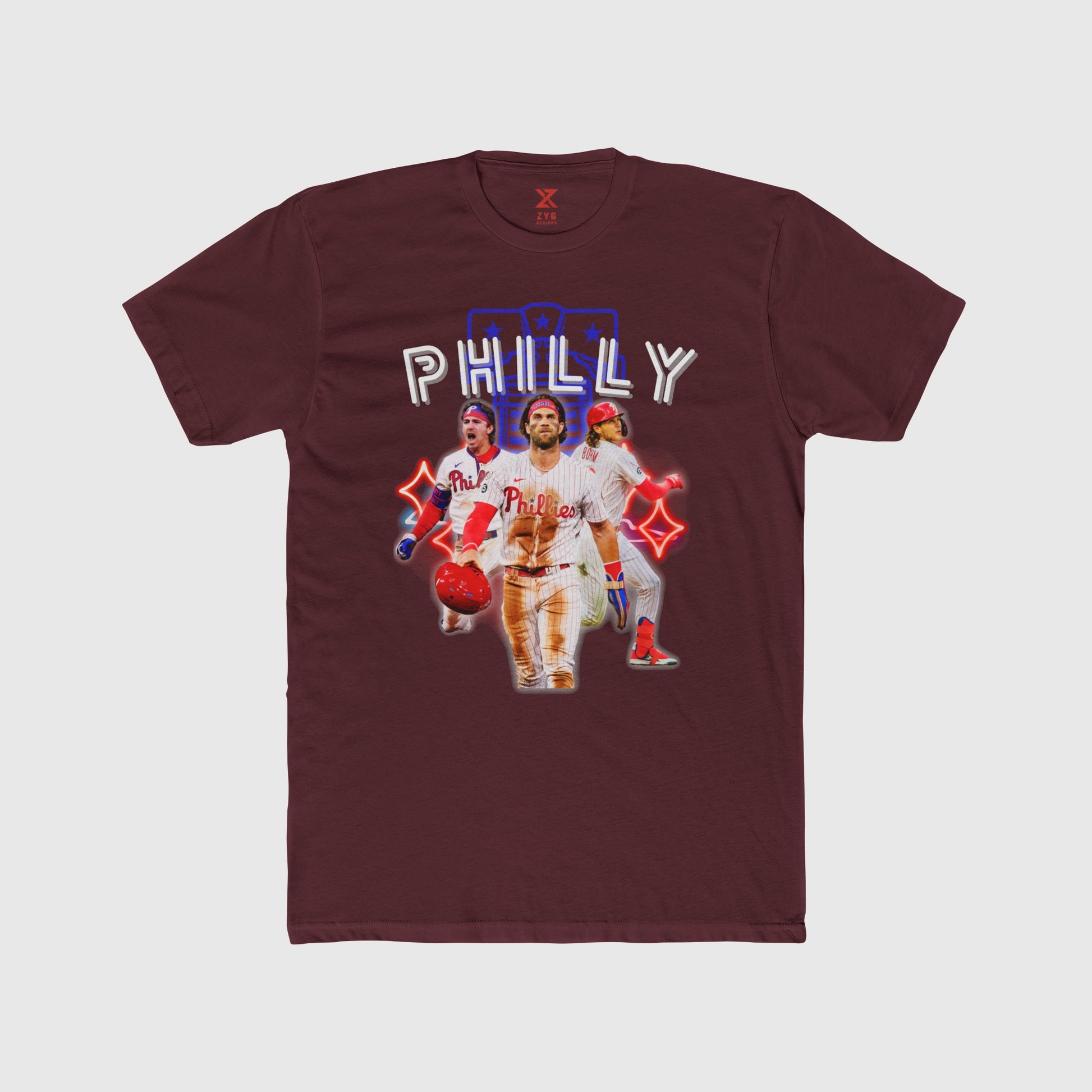 Phillies Neon Trio Tee Product Pic Front Maroon