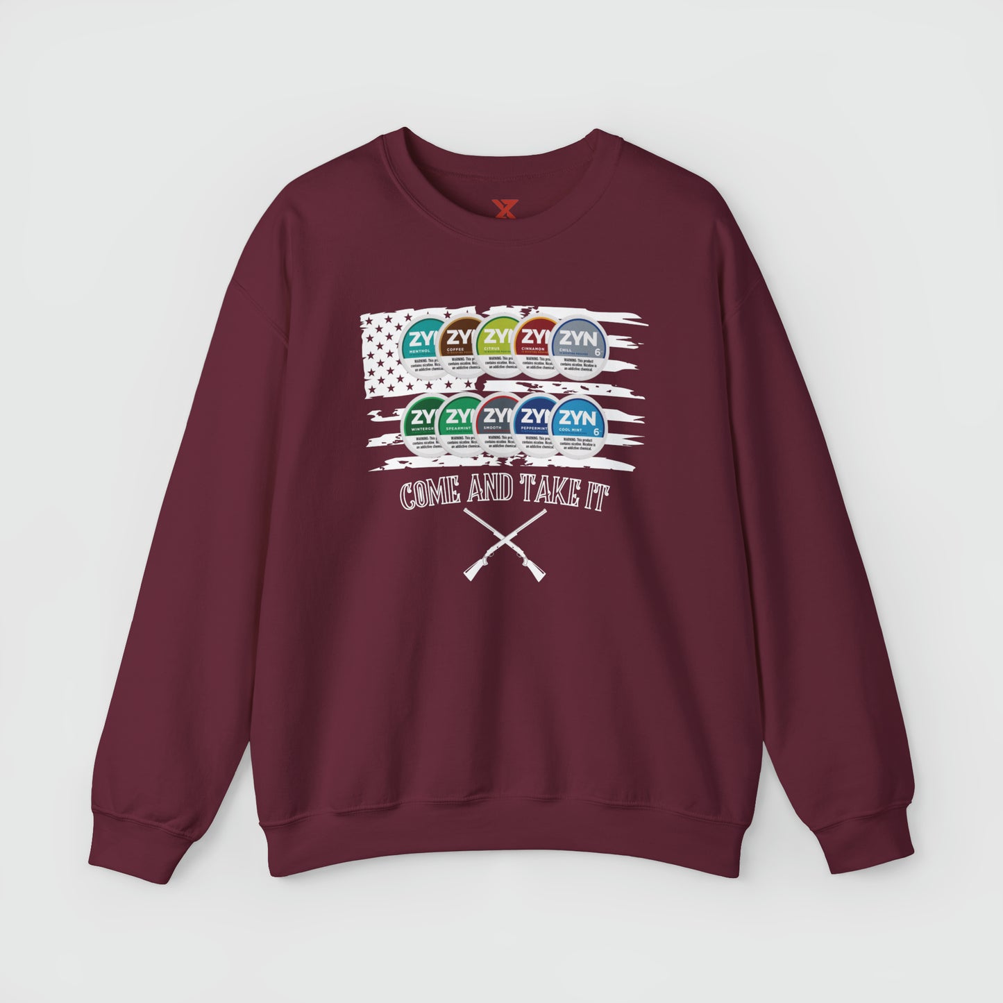 ZYN Come & Take It Crewneck Product Pic Front Maroon