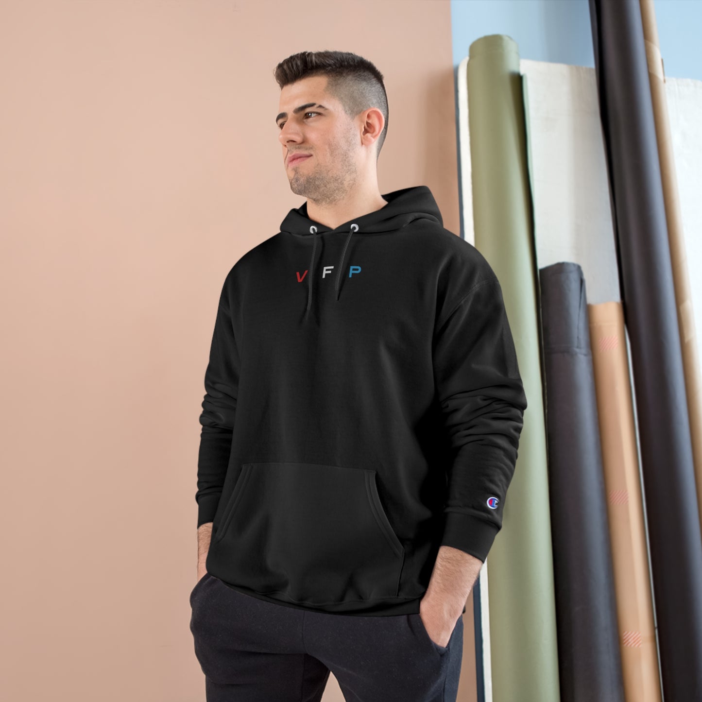 VFP Champion Athleisure Hoodie Product Pic Front Black Hoodie Male Model