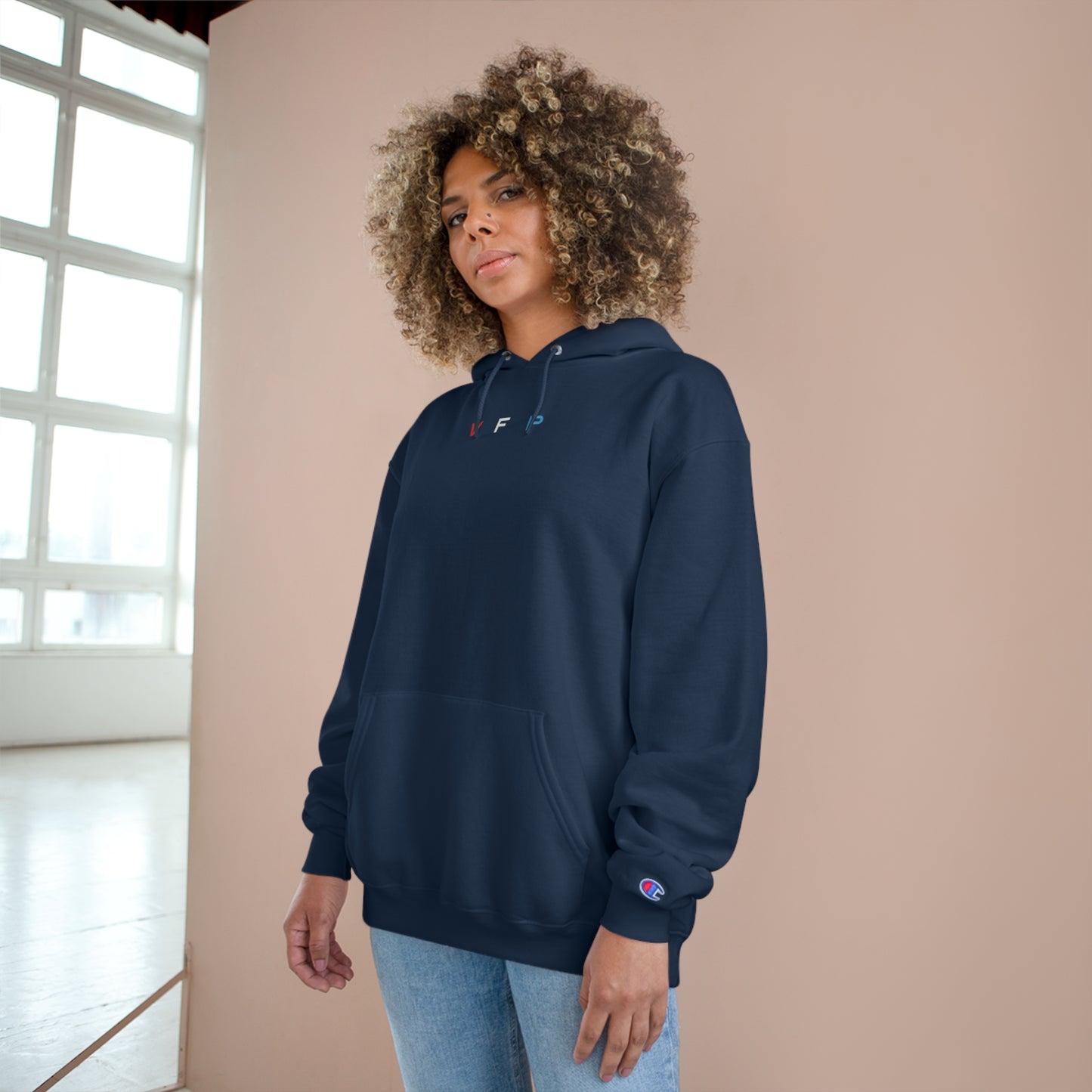 VFP Champion Athleisure Hoodie Product Pic Front Navy Hoodie Female Model